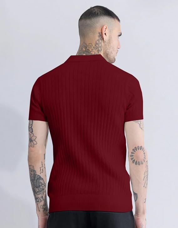 Veirdo® Men’s Casual Ribbed Polo Collar Knit T-Shirt | Regular Fit Half Sleeve Polo for Men | Flat Knit Textured T-Shirt Perfect for Office, Party, Travel - Image 2