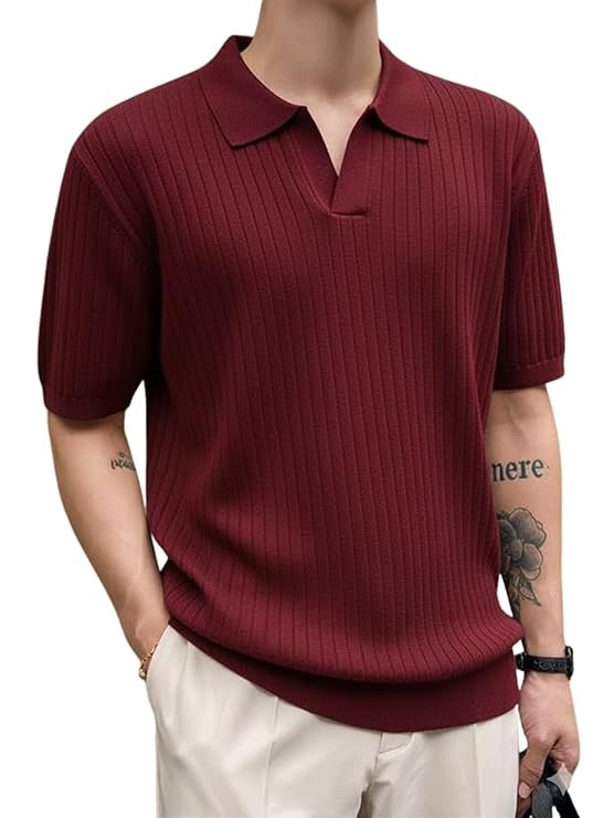 Veirdo® Men’s Casual Ribbed Polo Collar Knit T-Shirt | Regular Fit Half Sleeve Polo for Men | Flat Knit Textured T-Shirt Perfect for Office, Party, Travel