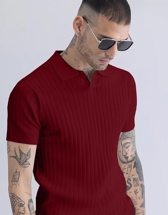 Veirdo® Men’s Casual Ribbed Polo Collar Knit T-Shirt | Regular Fit Half Sleeve Polo for Men | Flat Knit Textured T-Shirt Perfect for Office, Party, Travel - Image 3