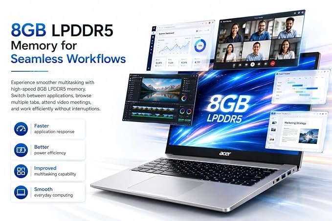 Acer One 14 Laptop Z14-55M | 14" HD Display | AMD Ryzen 3 7320U | 8GB LPDDR5 RAM | 256GB NVMe SSD | Windows 11 | Thin & Light Design | AMD Radeon Graphics | Silver - Image 2