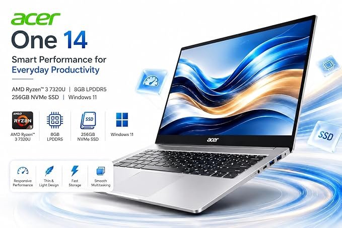 Acer One 14 Laptop Z14-55M | 14" HD Display | AMD Ryzen 3 7320U | 8GB LPDDR5 RAM | 256GB NVMe SSD | Windows 11 | Thin & Light Design | AMD Radeon Graphics | Silver
